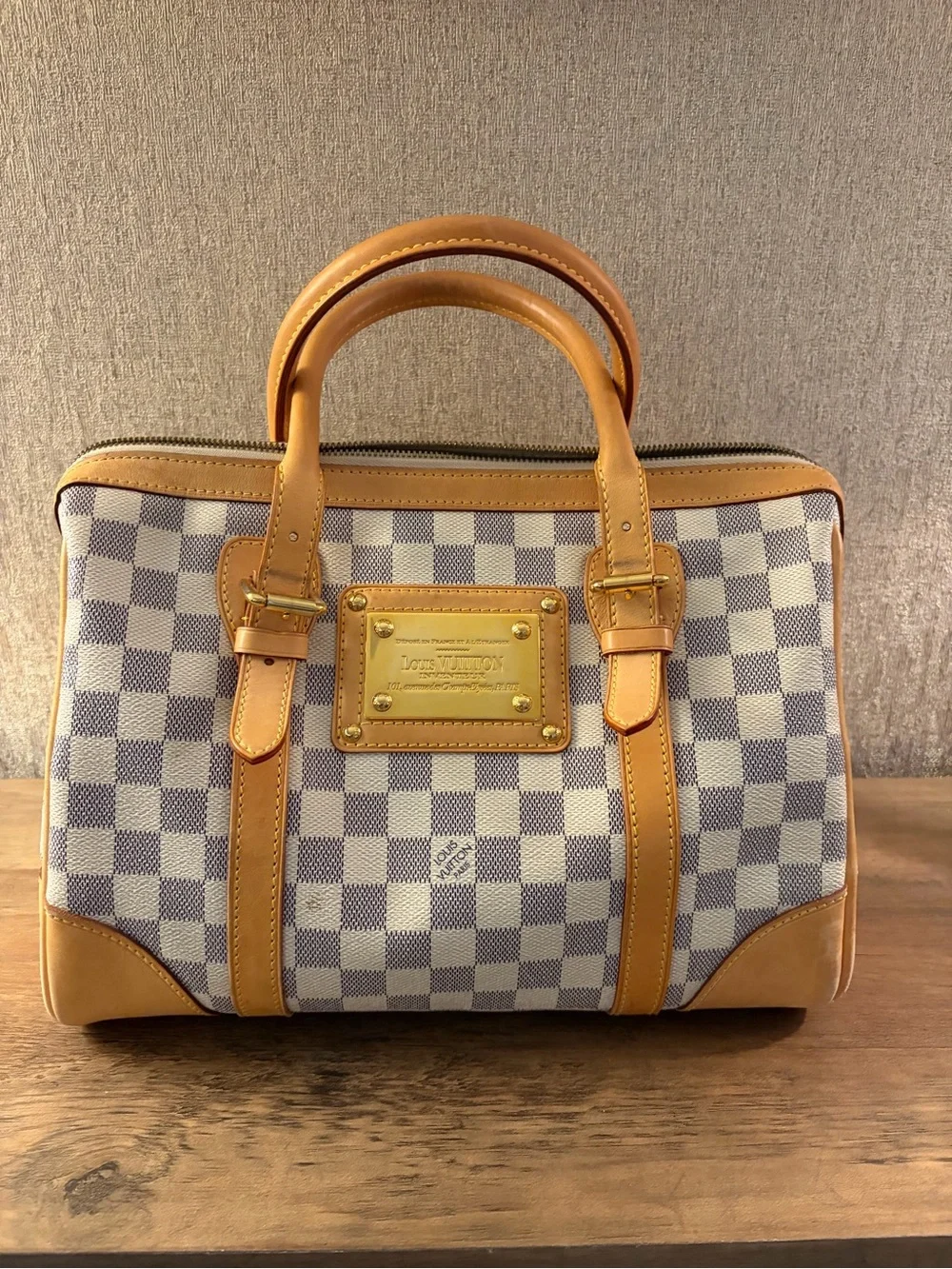 Louis Vuitton Damier Azur Canvas Satchel with Tan Leather Trim